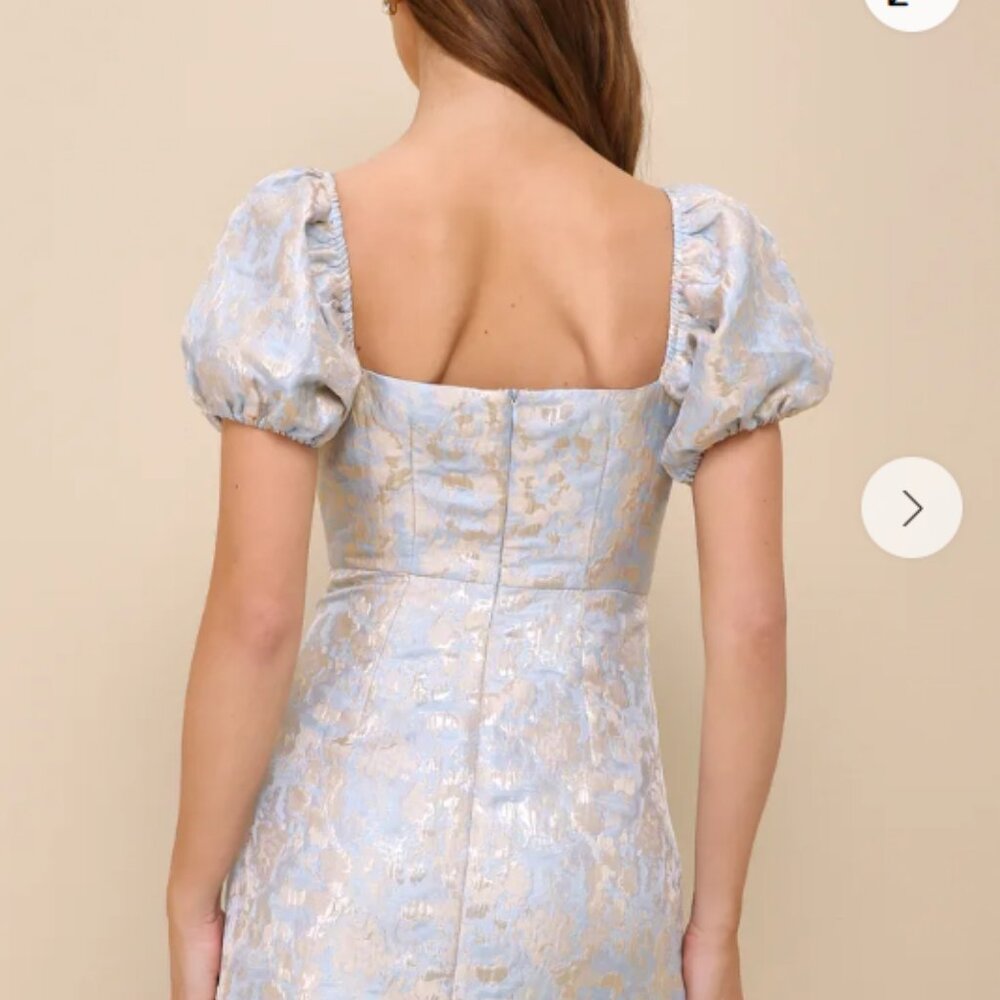 Lulus Cutest Praise Light Blue Floral Jacquard Puff Sleeve Mini Dress - Size L - Picture 3 of 3